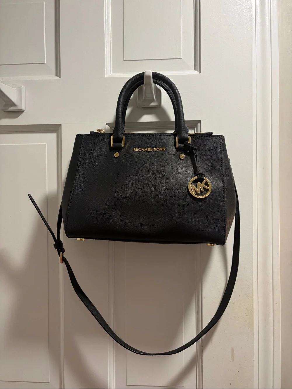 Michael Kors Black Leather Satchel Shoulder Bag with Gold Hardware